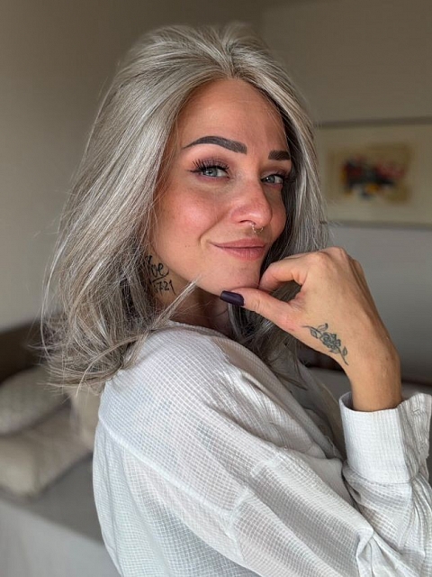Luxury Light Brown with 75% Grey Blend with Soft White Tips shoulder length Synthetic Mono TOP Wig GMT002