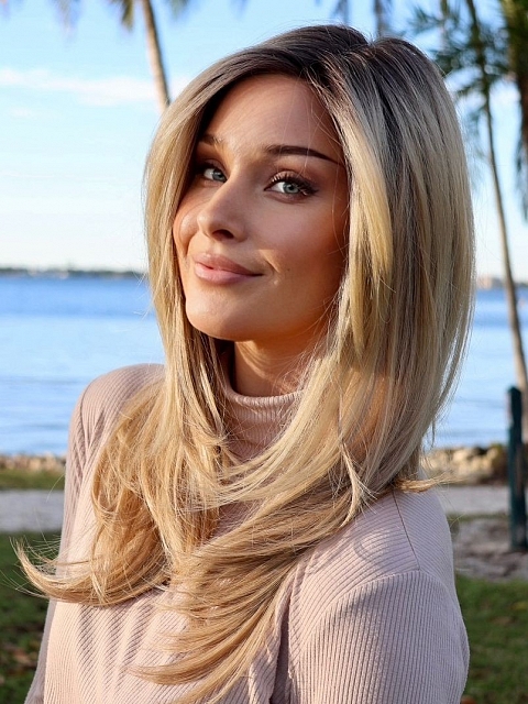 Trendy blonde ombre with gold highlights Straight  with side bangs Synthetic Lace Part Wig GLP008