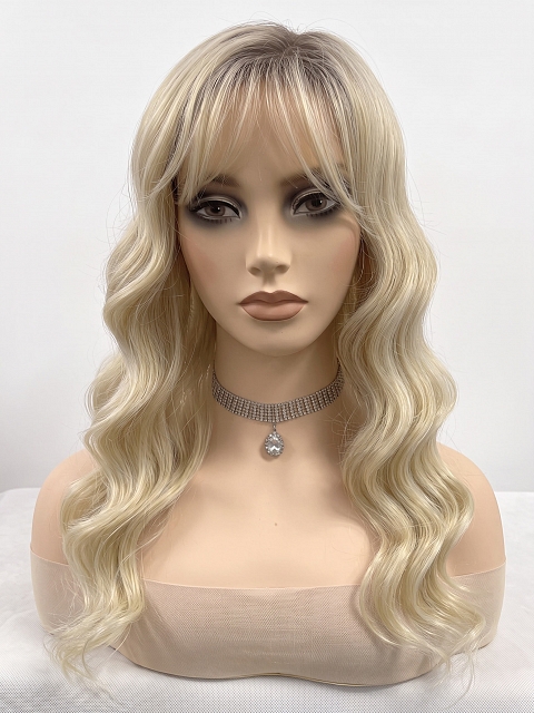 Glamvigor Hybrillia Blend Human Hair Milkshake Blonde ombre long layered wavy with Bangs Wig (Basic Cap) GBC025