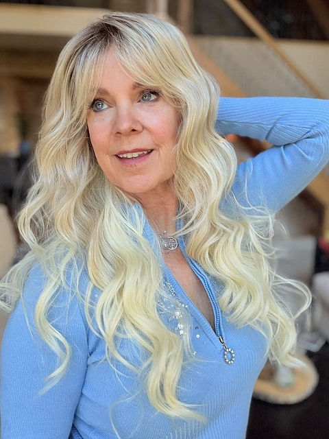 Glamvigor Hybrillia Blend Human Hair Milkshake Blonde ombre long layered wavy with Bangs Wig (Basic Cap) GBC025