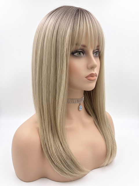 Glamvigor Hybrillia Blend Human Hair Elegantblonde ombre with FULL bangs long staright Lace  Wig GLP061