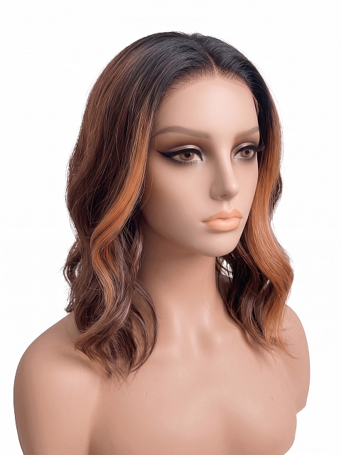 Glamvigor Hybrillia Blend Human Hair  ombre Auburn with  Blonde hights shoulder-length wavy PRE-CUT Lace Part Wig GLP079