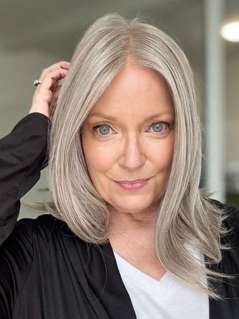 Luxury Light Brown with 75% Grey Blend with Soft White Tips shoulder length Synthetic Mono TOP Wig GMT002
