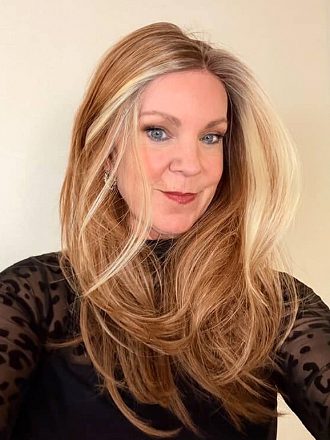 Light Red Brown Gold Blonde Highlights straight long layered   Synthetic Lace Part Wig GLP045