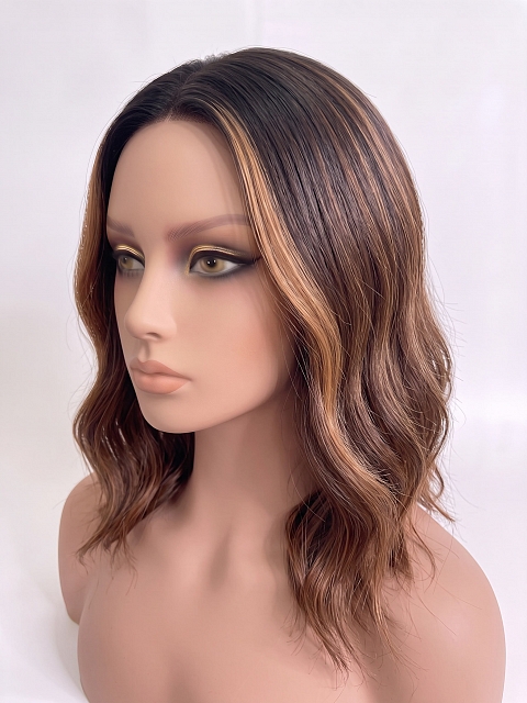 Glamvigor Hybrillia Blend Human Hair  ombre Auburn with  Blonde hights shoulder-length wavy PRE-CUT Lace Part Wig GLP079