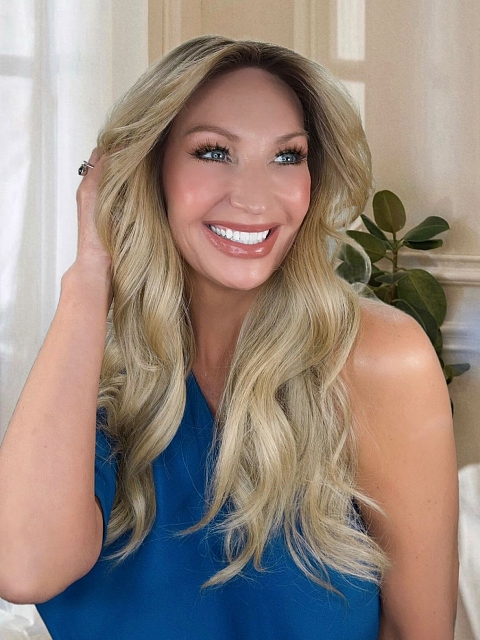 Glamvigor Hybrillia™ Blend Human Hair Exquisite Dark Honey Blonde ombre long layered wavy Lace Part Wig GLP021