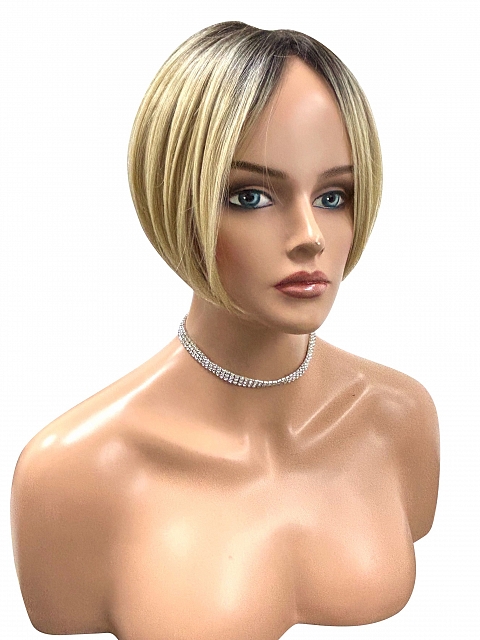 Brown Roots layered on top of Light Blonde short bob Synthetic Wig (Basic Cap) GBC008