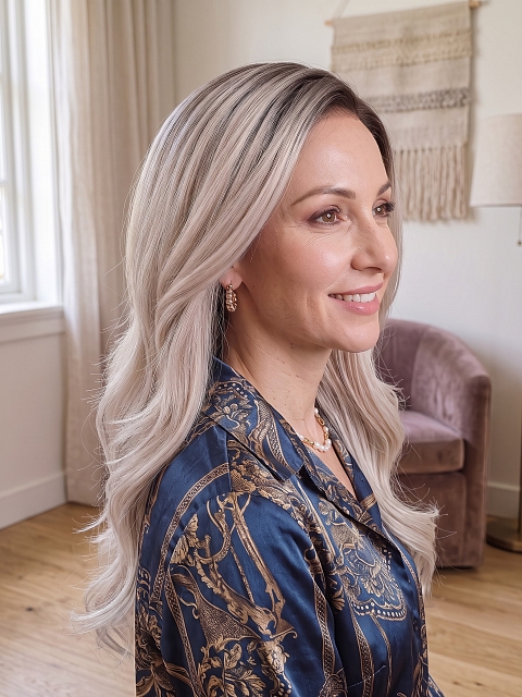 Glamvigor Hybrillia Blend Human Hair Cool Platinum Blonde with Dark Roots  long layered PRE-CUT Lace Part Wig GLP074