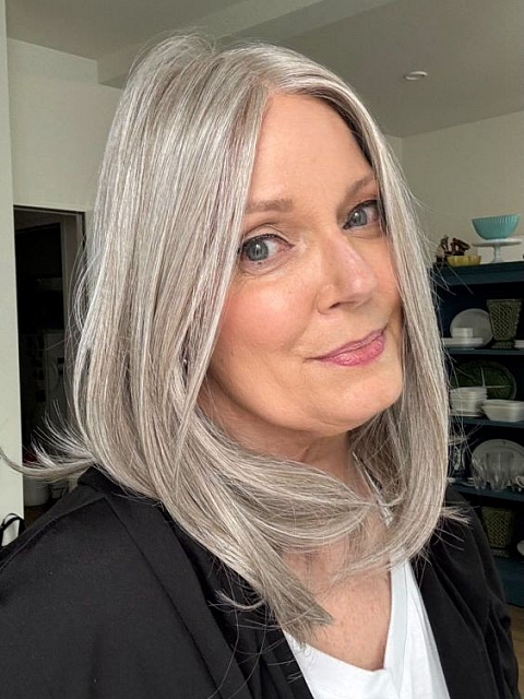 Luxury Light Brown with 75% Grey Blend with Soft White Tips shoulder length Synthetic Mono TOP Wig GMT002