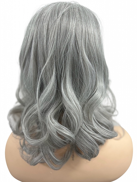 Silver grey layed wavy with side bangs  Synthetic Lace Part Wig GLP049