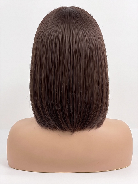 Glamvigor Hybrillia Blend Human Hair Dark Brown base with Light Reddish Brown highlights shoulder-length PRE-CUT Lace Part Wig GLP076