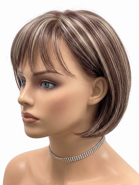 Glamvigor Hybrillia Blend Human Hair Trendy Medium Auburn  with Blonde Highlights Short  bob with bangs Wig (Basic Cap) GBC005
