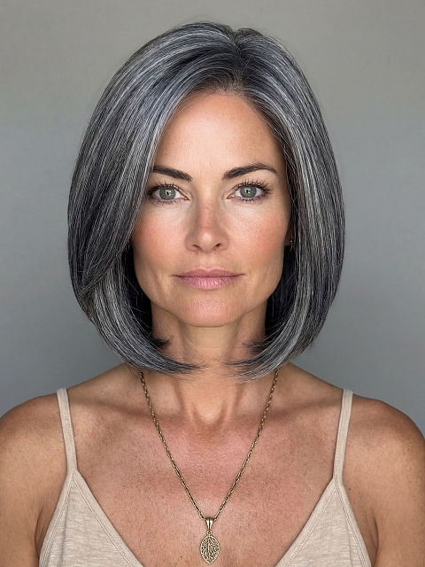 Glamvigor Hybrillia™ Blend Human Hair Black mixed silver short bob Lace Part Wig GLP050