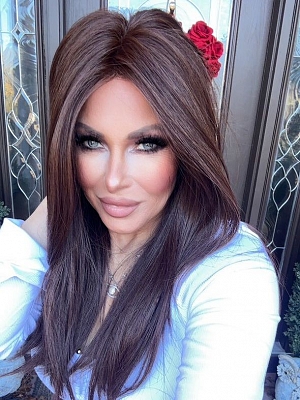 Glamvigor Hybrillia&trade; Blend Human Hair Stunning Medium Reddish Brown long layered  Lace Part Wig GLP011