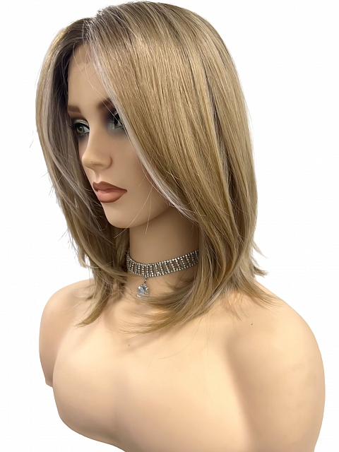 Honey blonde  with platinum blonde highlights strands in the front Straight Synthetic Lace Part Wig GLP053