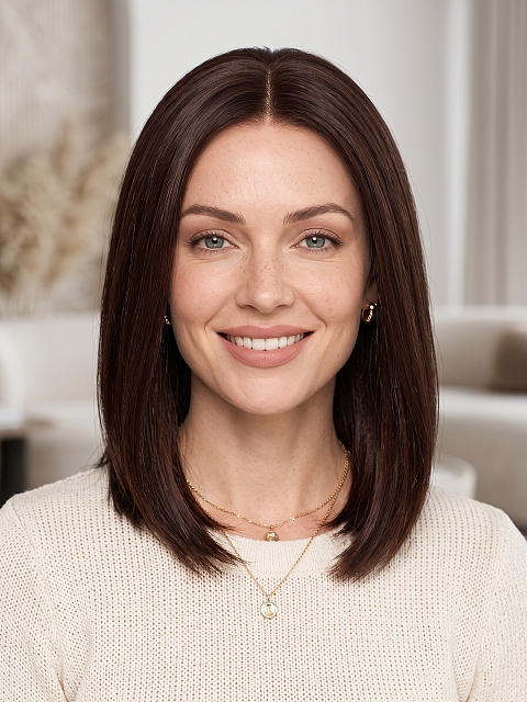 Glamvigor Hybrillia Blend Human Hair Dark Brown base with Light Reddish Brown highlights shoulder-length PRE-CUT Lace Part Wig GLP076