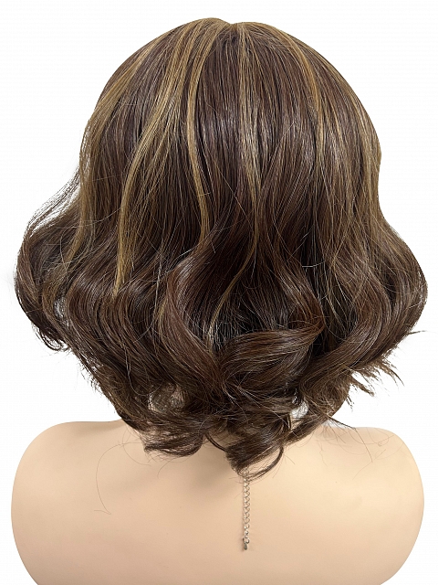 Brown with Medium Red-Gold Blonde Highlights  carefree wavy layered Synthetic Lace Part Wig GLP044