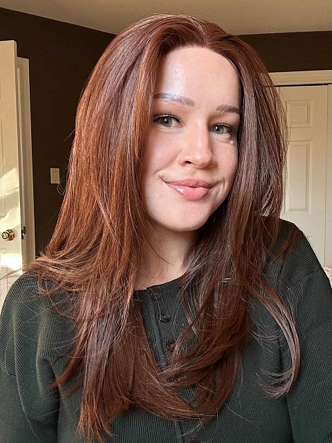 Glamvigor Hybrillia™ Blend Human Hair Stunning Medium Reddish Brown long layered  Lace Part Wig GLP011