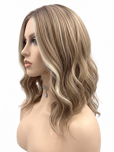 Glamvigor Hybrillia Blend Human Hair Medium Brown base with Light Golden Blonde highlights loose beach wavy  Lace Part  wig glp041