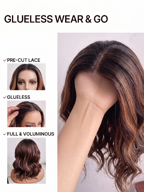 Glamvigor Hybrillia Blend Human Hair  ombre Auburn with  Blonde hights shoulder-length wavy PRE-CUT Lace Part Wig GLP079
