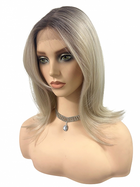 Glamvigor Hybrillia™ Blend Human Hair Light Blonde and Silver White blend with shaded roots shoulder length Lace Part Wig GLP063