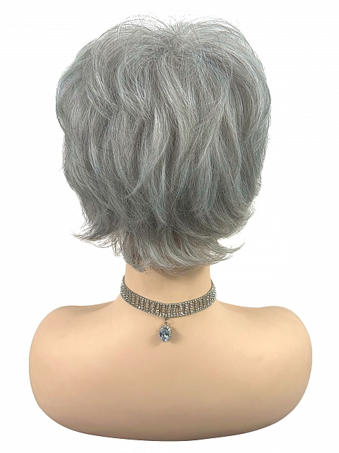 Glamvigor Hybrillia™ Blend Human Hair Light Gray with 20% Medium Brown Evenly Blended with Pure White short, barely waved layered  Wig (Basic Cap) GBC022