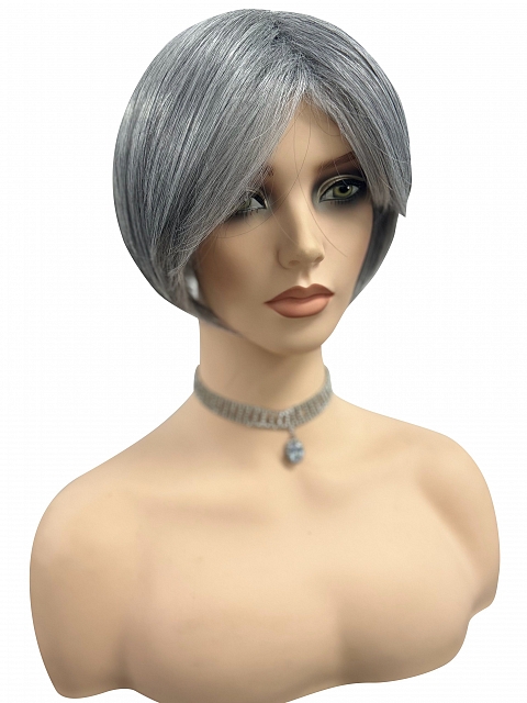 Grey with 40% white Blended short  length with full bangs bob Synthetic Wig (Basic Cap) GBC021