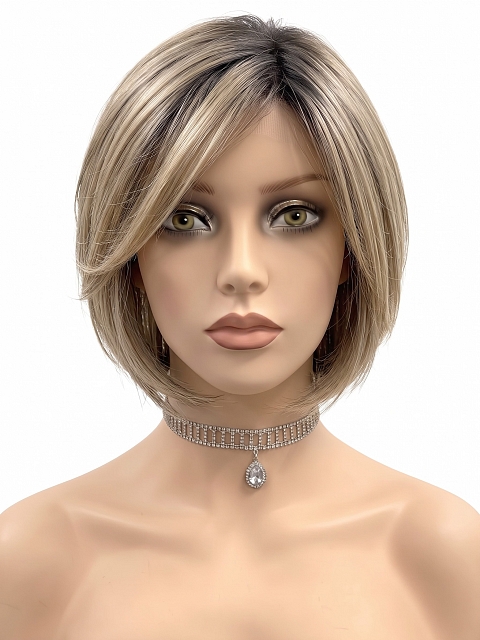 Hybrillia Blend Human Hair Beautiful Brown Roots Ombre Light Blonde short pixie bob Mono Top wig GMT004