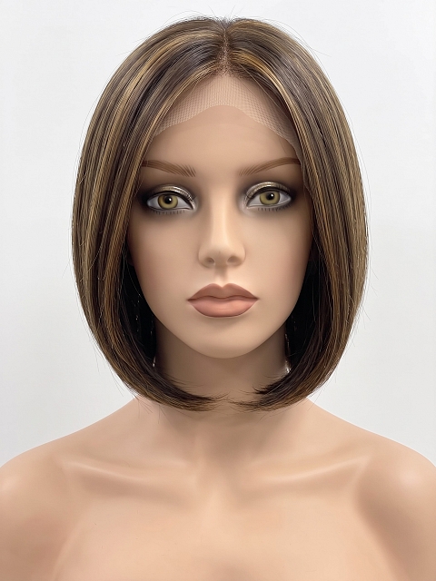 Glamvigor Hybrillia Blend Human Hair Stunning Medium Brown With Ginger Red Highlights medium bob haircut  Mono TOP Wig GMT005