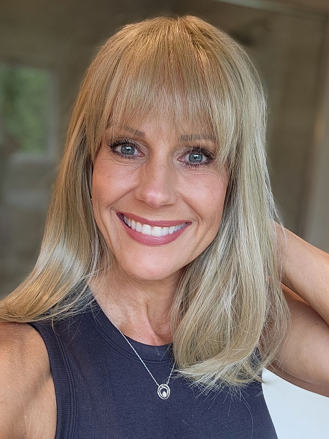 Trendy Ash Blonde mid-length with full wispy bangs Synthetic Lace Part Wig glp034