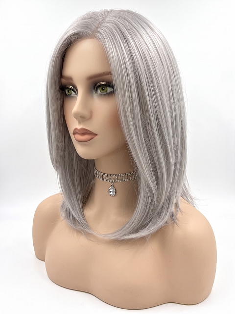 Glamvigor Hybrillia Blend Human Hair Luxury Light Brown with 75% Grey Blend with Soft White Tips shoulder length  Mono TOP Wig GMT002