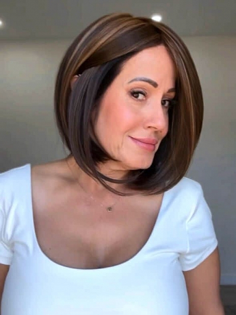 Stunning Medium Brown With Ginger Red Highlights medium bob haircut Synthetic Mono TOP Wig GMT005
