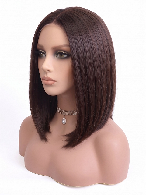 Glamvigor Hybrillia Blend Human Hair Dark Brown base with Light Reddish Brown highlights shoulder-length PRE-CUT Lace Part Wig GLP076