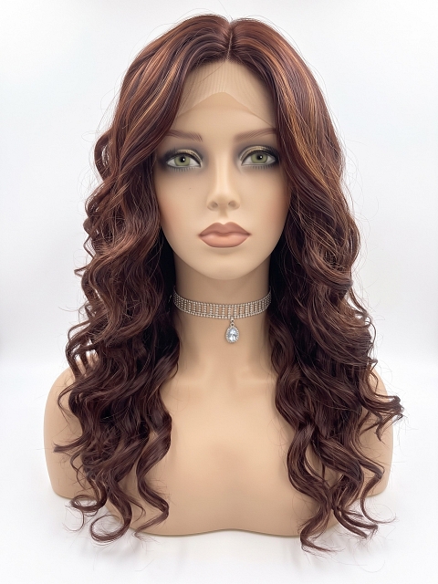 Glamvigor Hybrillia Blend Human Hair Vibrant Medium Red and Auburn blend loose wavy layered Lace Part Wig GLP026