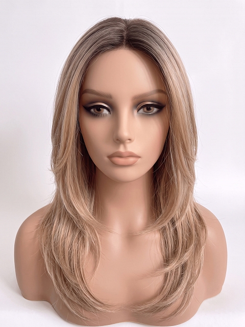 Hybrillia Blend Human Hair Trendy blonde ombre with gold highlights Straight  with side bangs Lace Part Wig GLP008