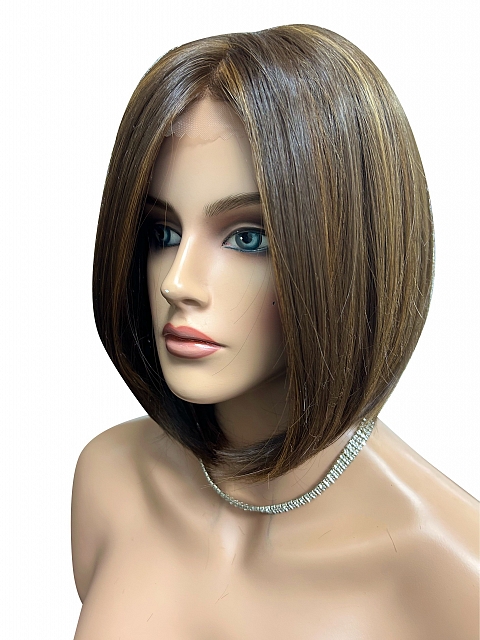 Stunning Medium Brown With Ginger Red Highlights medium bob haircut Synthetic Mono TOP Wig GMT005