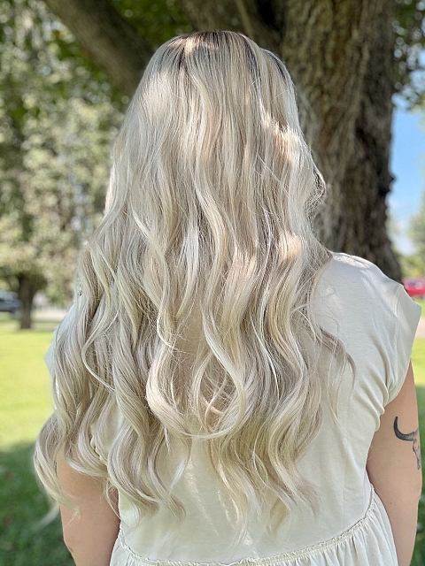 Glamvigor Hybrillia Blend Human Hair  Light Platinum Ombre Long Layered Wavy  Lace Part Wig GLP065
