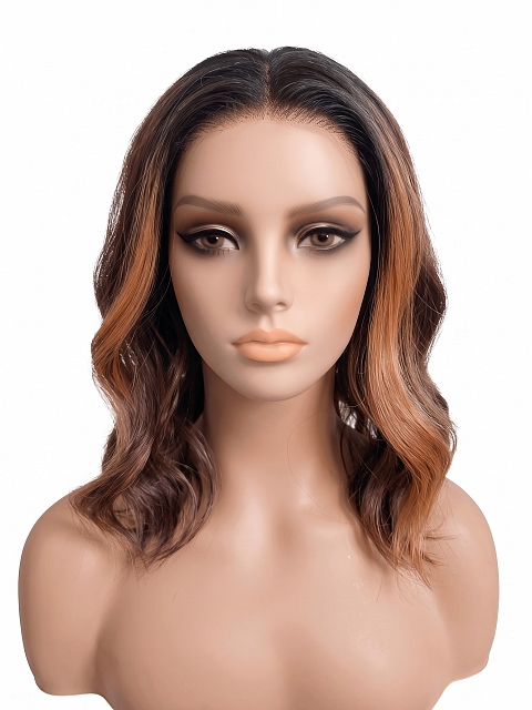 Glamvigor Hybrillia Blend Human Hair  ombre Auburn with  Blonde hights shoulder-length wavy PRE-CUT Lace Part Wig GLP079