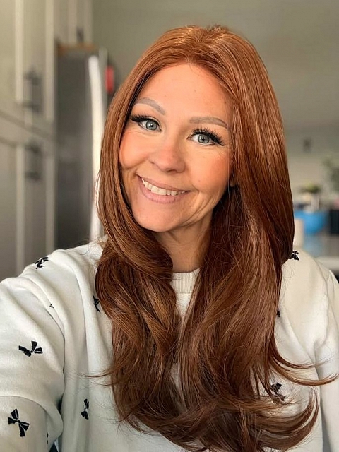 Glamvigor Hybrillia™ Blend Human Hair Ginger copper with light copper highlights long cascading style Lace Part Wig GLP058