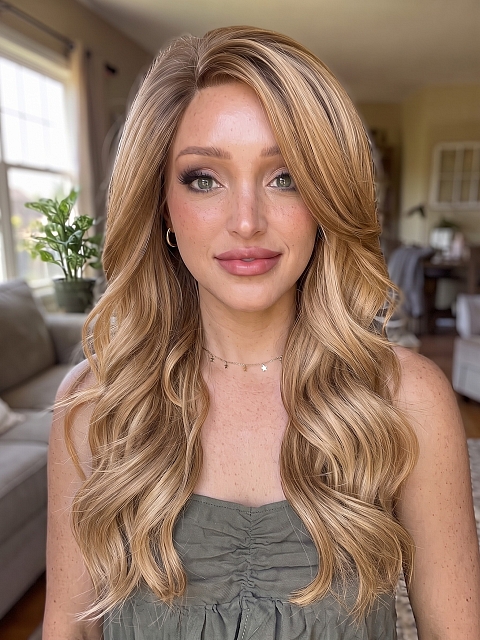 Glamvigor Hybrillia Blend Human Hair Blonde Blend with face-framing layers and soft wavy Lace Part Wig GLP036