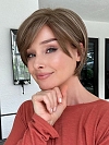 Youthful Medium Brown with Golden Highlights Short Bob with Bangs Synthetic Wig (Basic Cap) GBC003