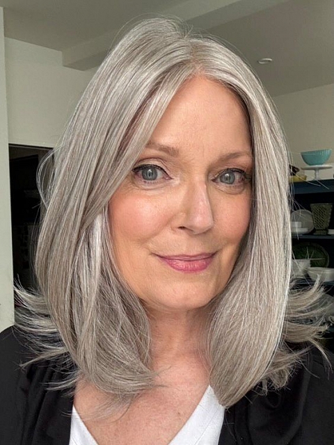 Luxury Light Brown with 75% Grey Blend with Soft White Tips shoulder length Synthetic Mono TOP Wig GMT002