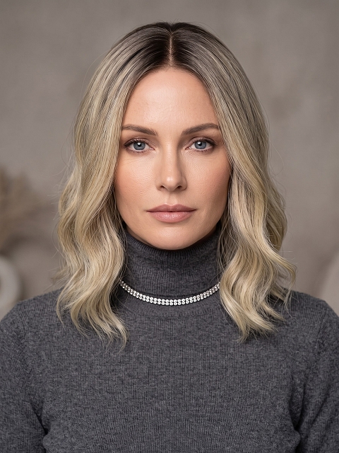 Glamvigor Hybrillia™ Blend Human Hair Elegant cool Blonde Ombre Wavy Lace Part Wig GLP001