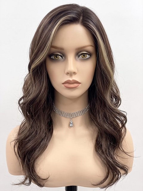Glamvigor Hybrillia Blend Human Hair Red Brown with Gold Blonde highlights Long Beach Waves Lace Part Wig GLP056
