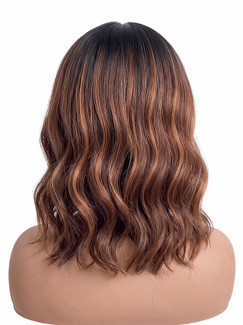 Glamvigor Hybrillia Blend Human Hair  ombre Auburn with  Blonde hights shoulder-length wavy PRE-CUT Lace Part Wig GLP079