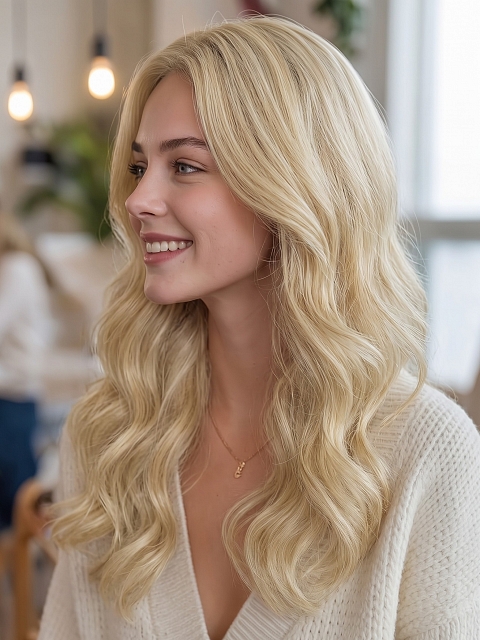 Glamvigor Hybrillia Blend Human Hair Soft Platinum blonde with Bouncy little wavy Lace Part Wig GLP055