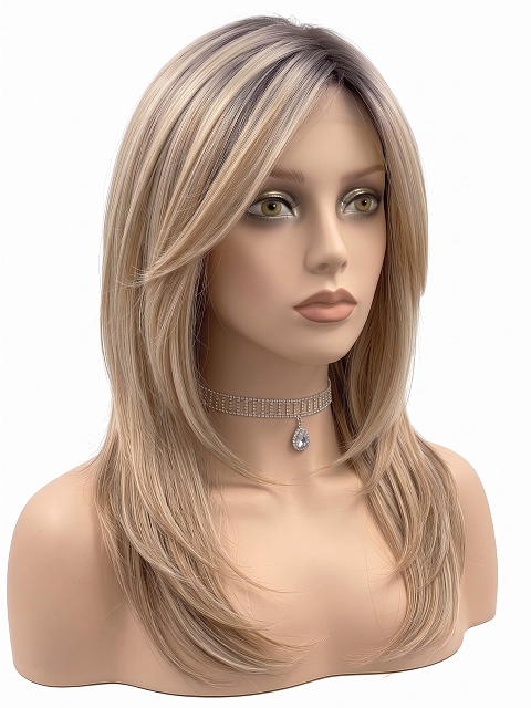 Hybrillia Blend Human Hair Trendy blonde ombre with gold highlights Straight  with side bangs Lace Part Wig GLP008