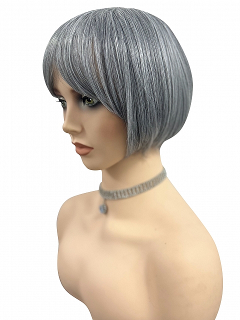 Perfect 80% black mixed 20% white Blended chin length bob with full bangs ynthetic Wig (Basic Cap) GBC024