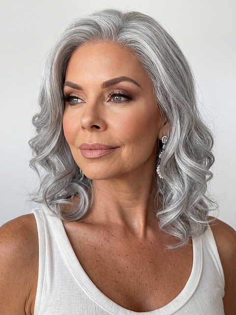 Glamvigor Hybrillia™ Blend Human Hair Silver grey layed wavy with side bangs Lace Part Wig GLP049