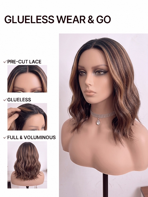 Glamvigor Hybrillia Blend Human Hair  ombre Auburn with  Blonde hights shoulder-length wavy PRE-CUT Lace Part Wig GLP079